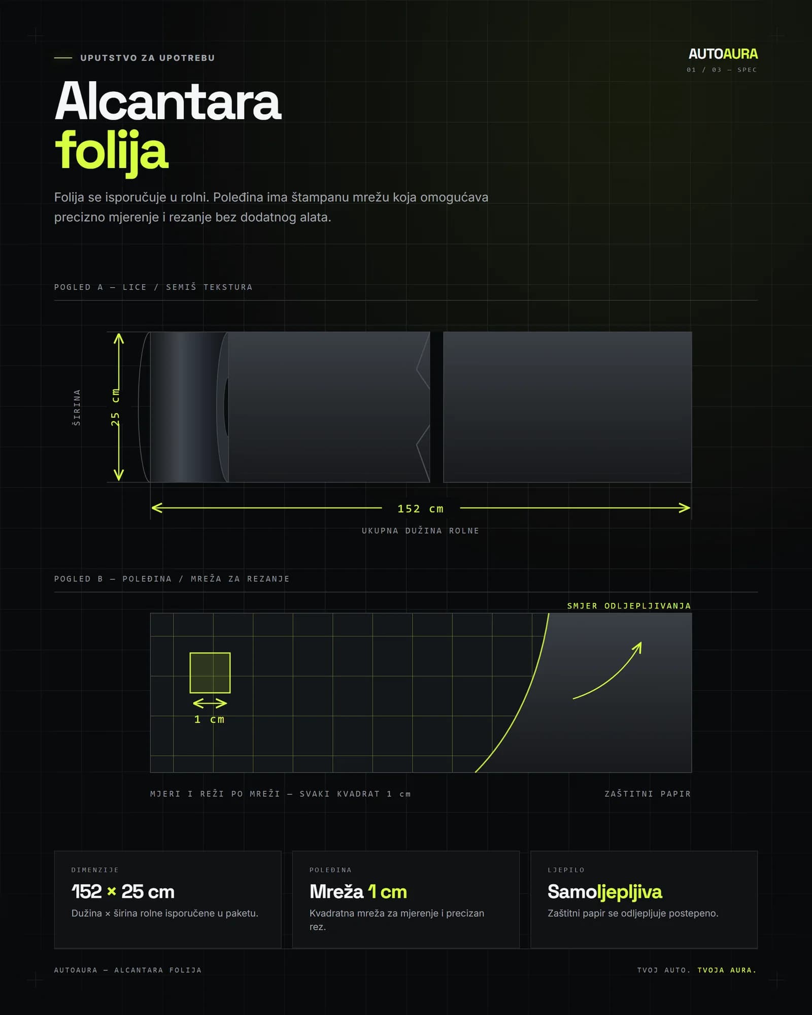 Alcantara folija i mreža za precizno mjerenje na poleđini